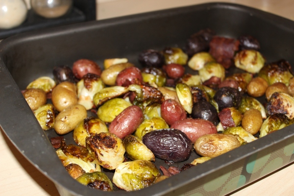 Roasted Sprouts and Potatoes With Turkey Bacon