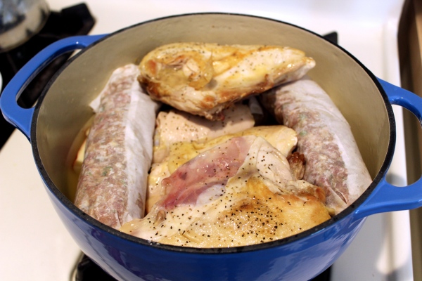 Chicken, veggies and sausage cooked in one pot